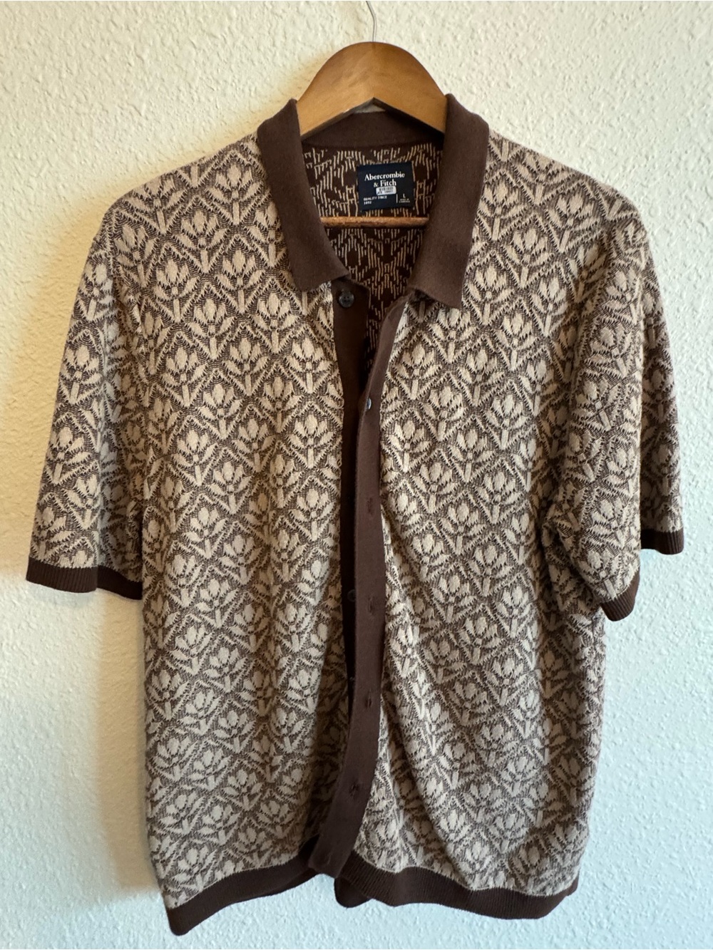 Abercrombie & Fitch Brown and Cream Patterned Short-Sleeve Polo